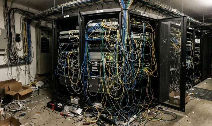 The server room before: tangled cables spilling from the racks onto the floor