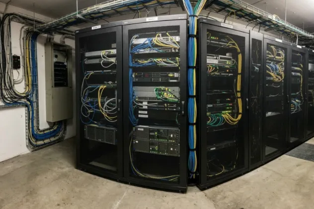 The same server room after Erbe Bilişim: closed racks with aligned, labelled cabling