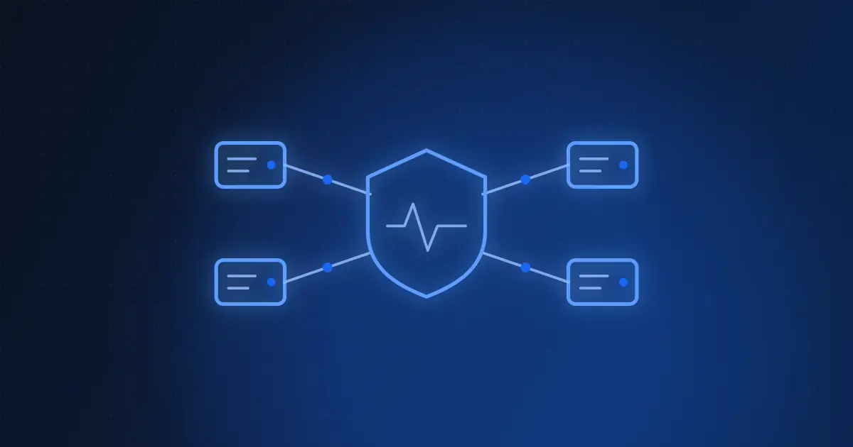 A shield containing an event waveform, with four source boxes linked to it by lines, on a dark navy background