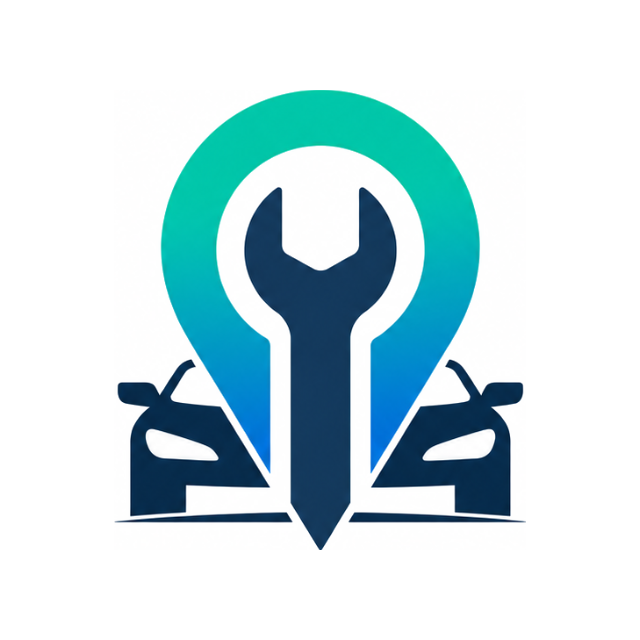 The Otomiks emblem: a wrench inside a map pin, with two vehicles beneath it