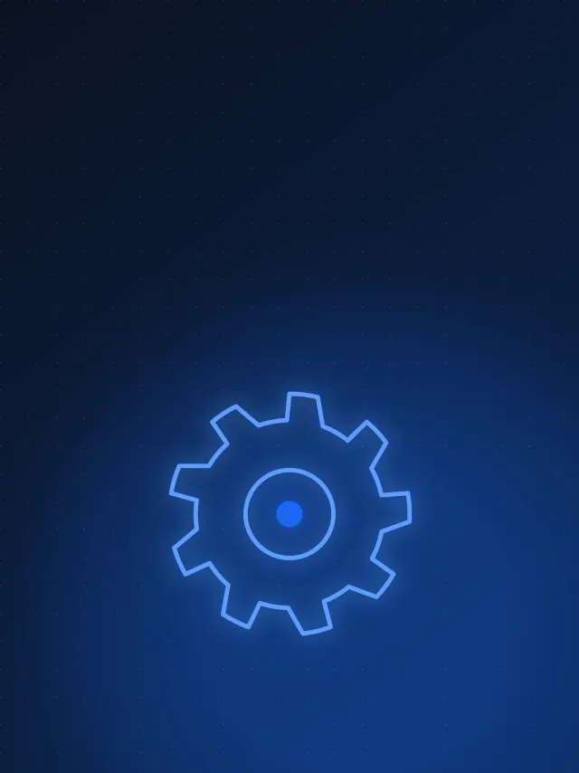 A gear icon drawn in glowing blue lines on a dark navy background
