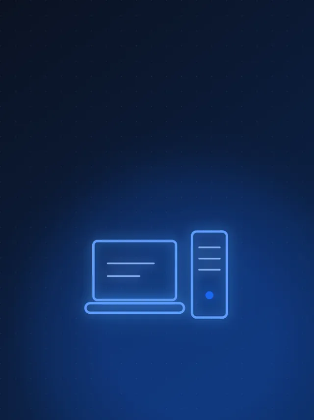 A laptop and a server chassis standing side by side on a dark navy background